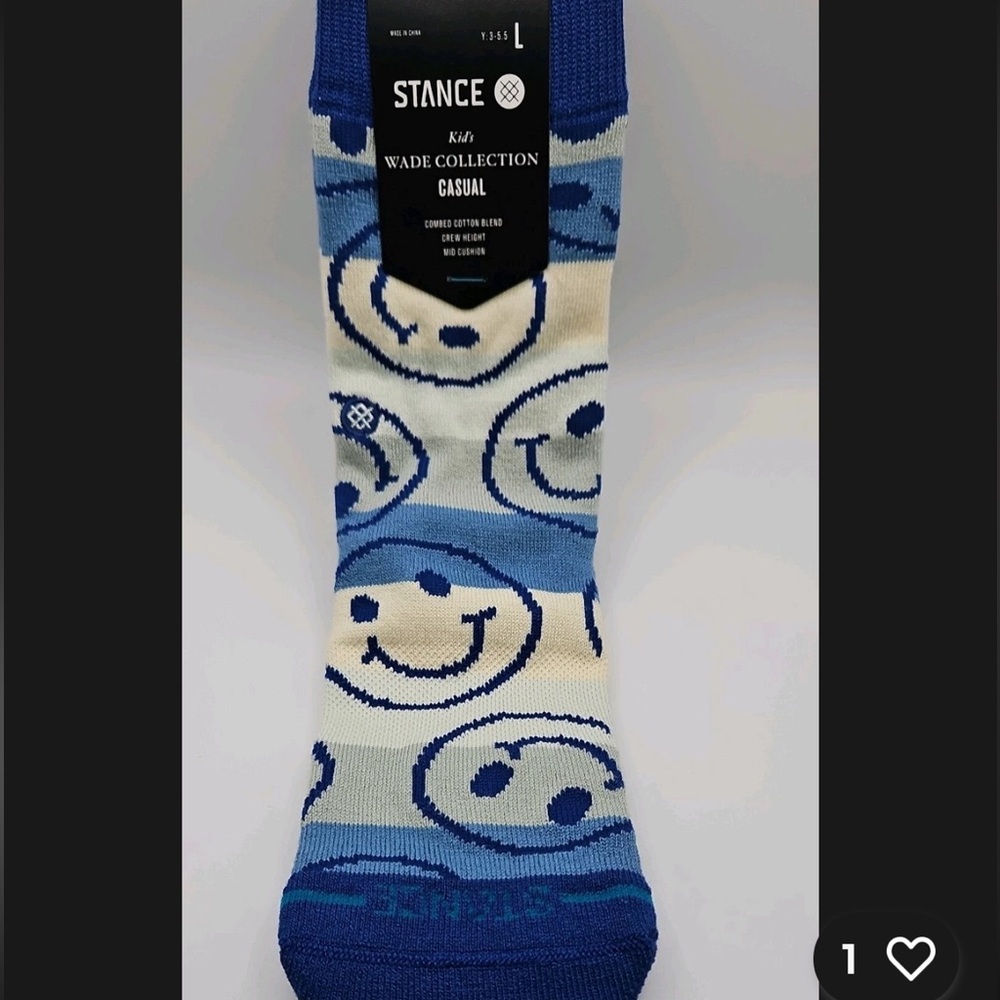 STANCE KIDS X WADE COLLECTION BLUE SMILEY FACE CREW HEIGHT MID CUSHION SIZE L